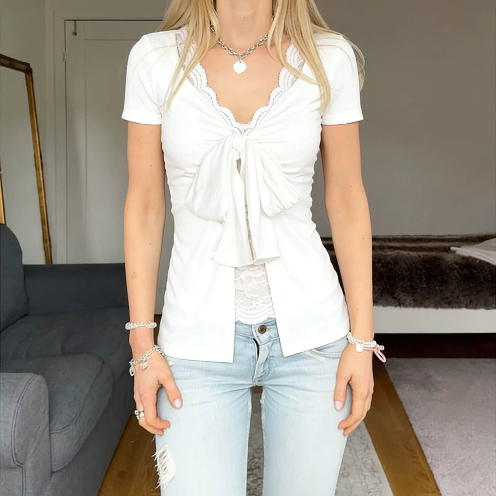 Zara Casual Solid Color Lace Bow Tie Fake 2-Piece Top - Picture 4 of 7